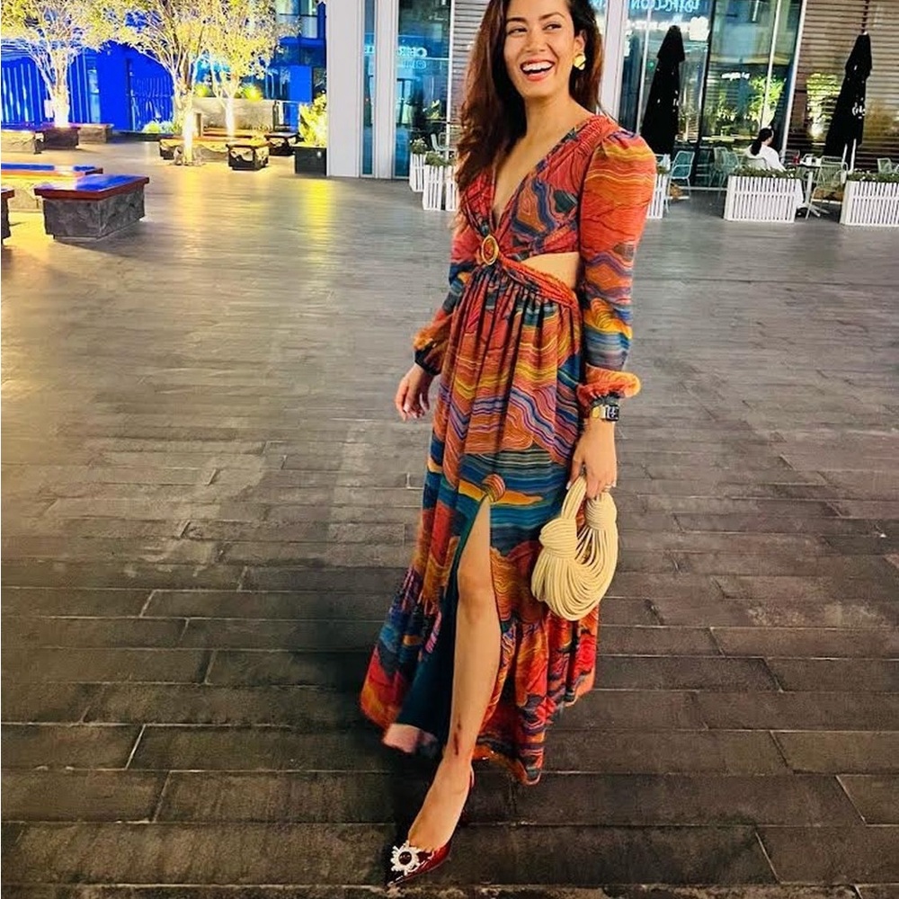 Payal & Zinal Mountain Print Slit Dress NWOT sz XS